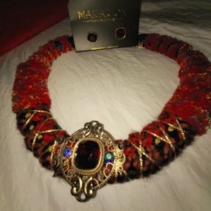 Makalon brand carpet necklace and earrings set. Ruby red tones.
